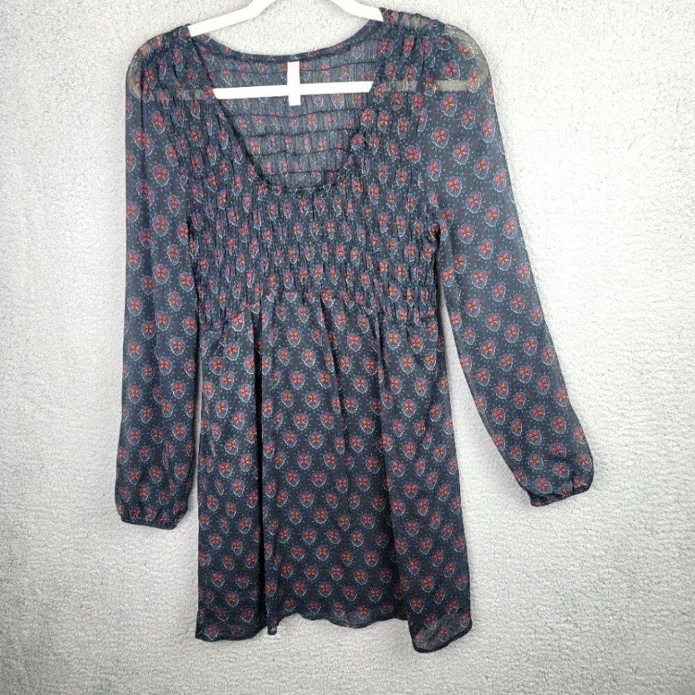 Xhilaration Dress Womens M Navy Blue Sheer Lined Smocked Babydoll Coquette